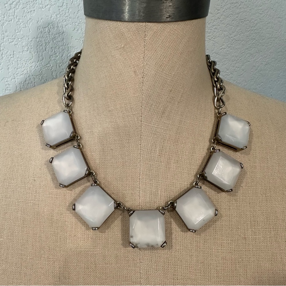 LOFT Silver Tone Statement Necklace - Frosted White Geometric Stones